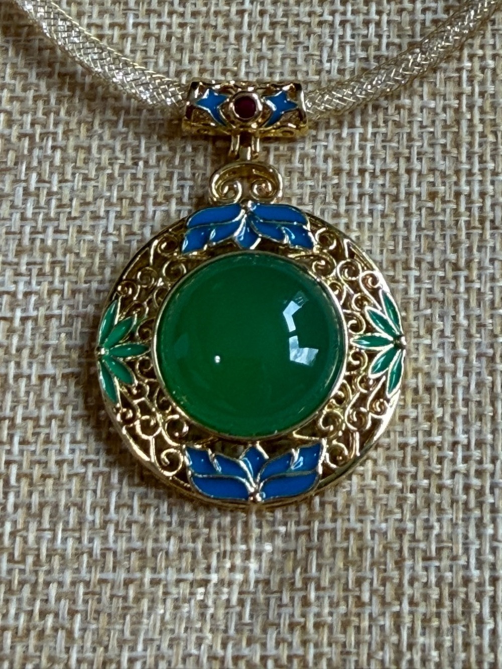 SJ Pearl Real Jade & Cloisonné Enamel and Crystal Pendant Necklace